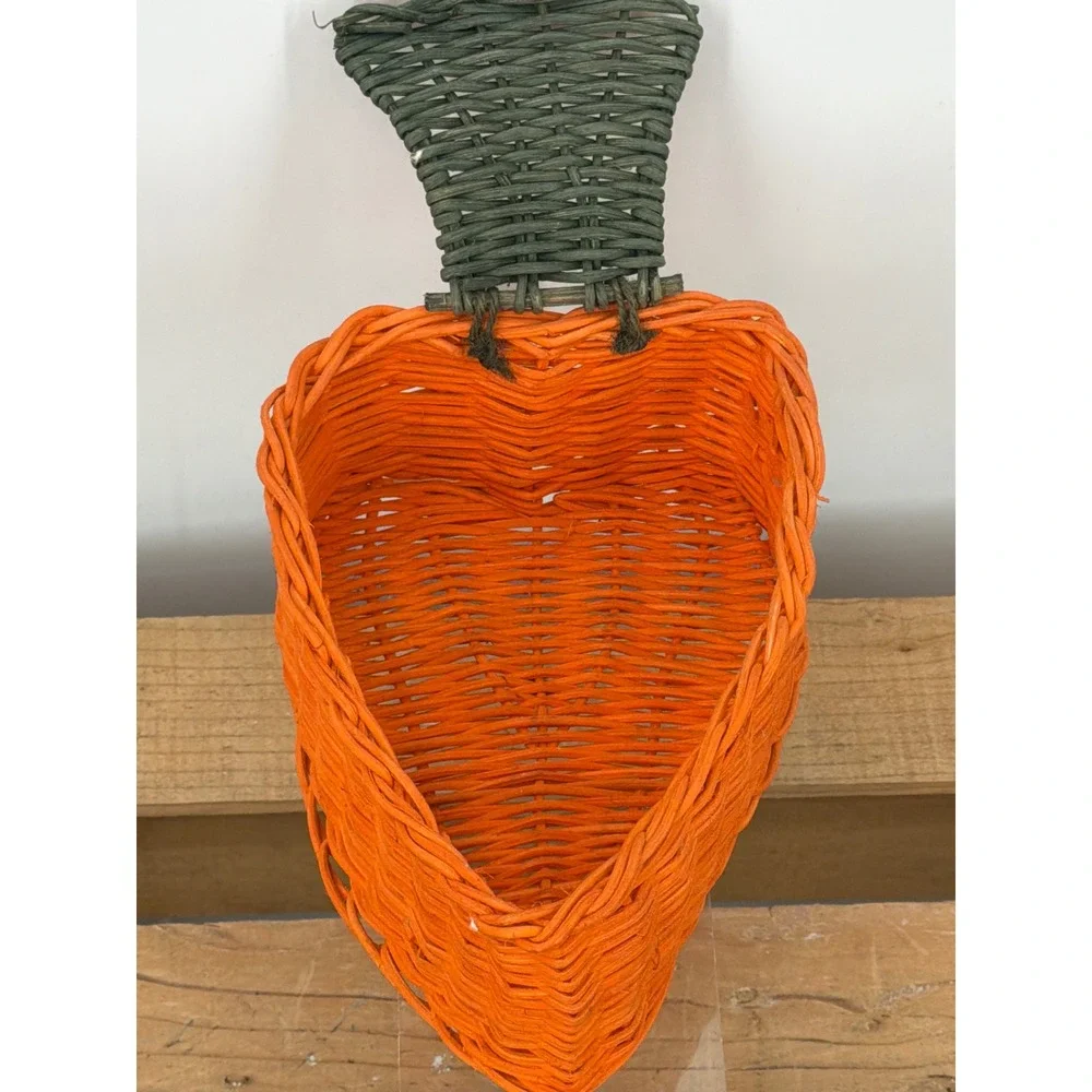 Vintage Orange Wicker Carrot Basket Easter Decor Green Stem‎ Woven Storage